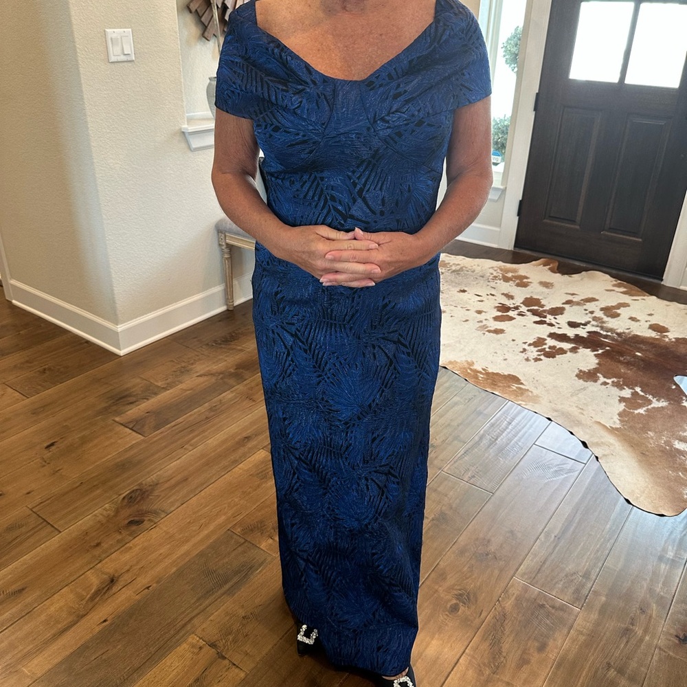 Rickie Freeman for Teri Jon Blue Off-the-Shoulder Maxi Gown…